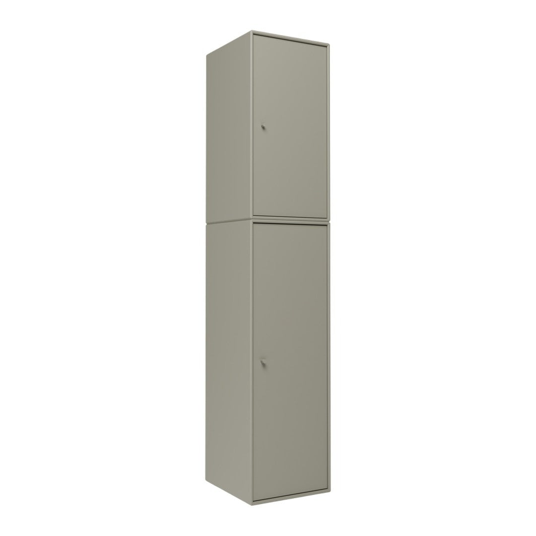 Tall, two-door storage cabinet in a sleek, neutral gray finish, featuring a smooth, matte surface.