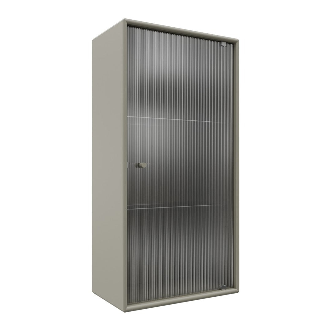Light gray cabinet with a smooth, minimalist design and vertical ribbed pattern on the door.