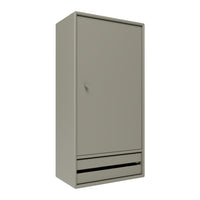 Sleek gray cabinet with a smooth finish and minimalist design, featuring a single drawer at the bottom.
