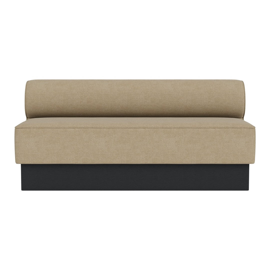 Beige fabric sofa with a round backrest and sleek black base, featuring a minimalist design and solid color pattern.