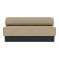 Beige fabric sofa with a round backrest and sleek black base, featuring a minimalist design and solid color pattern.