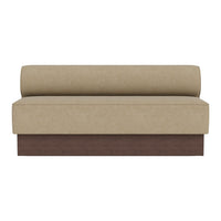 Tan upholstered sofa with a round back cushion and dark wood base, featuring a modern, minimalist design.