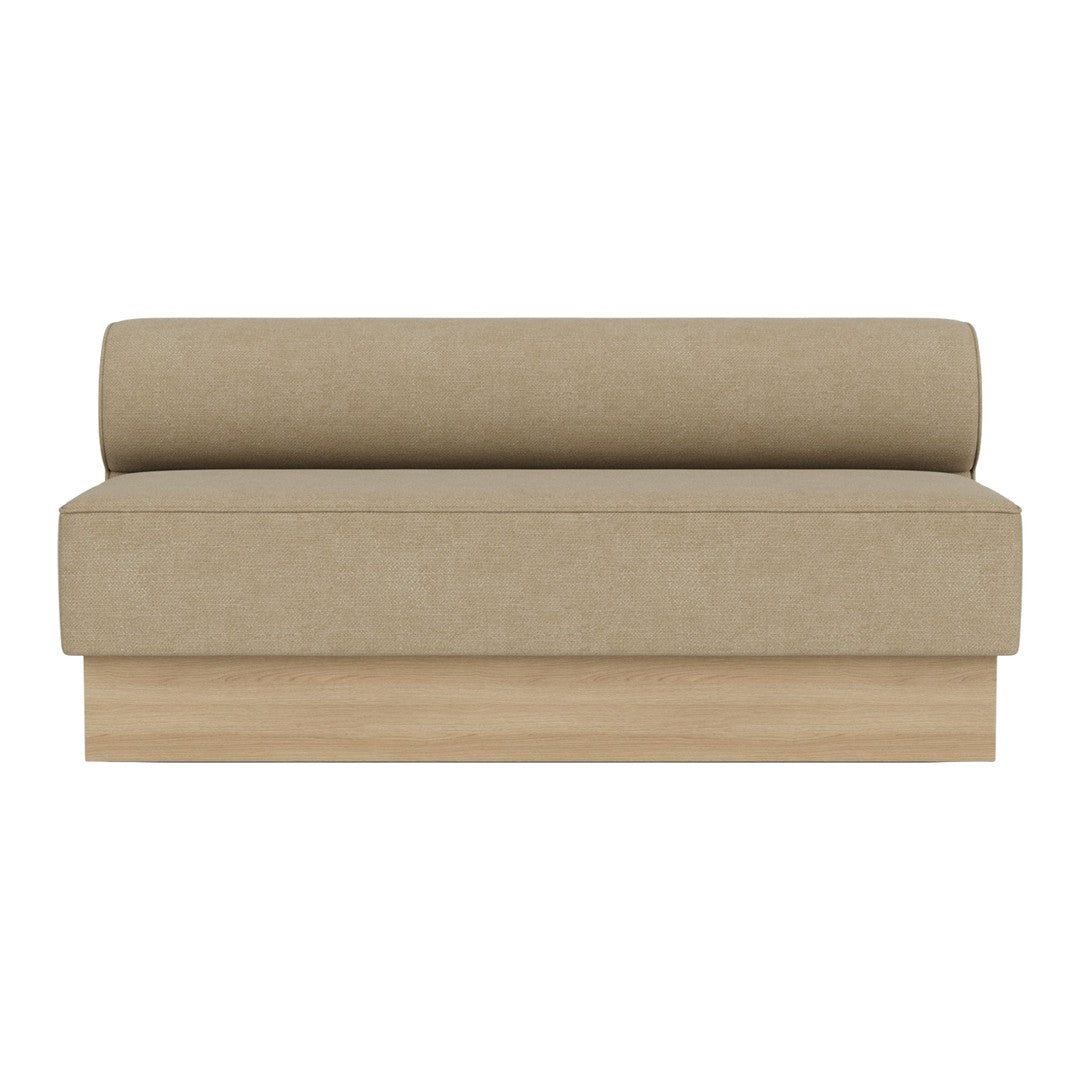 Beige fabric sofa with a smooth, solid design and a round backrest, featuring a natural wood base.