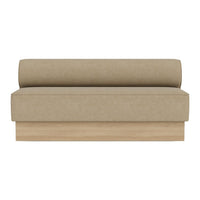 Beige fabric sofa with a smooth, solid design and a round backrest, featuring a natural wood base.