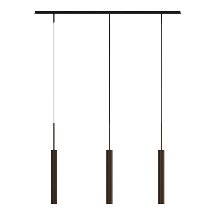 Black pendant light with three cylindrical brown accents, sleek design, and minimalistic aesthetic.