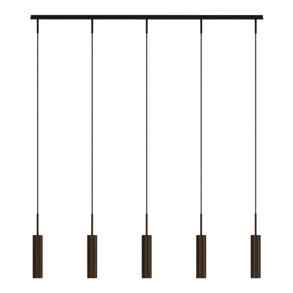 Modern black pendant light fixture with sleek brown accents and minimalist design, perfect for contemporary decor.