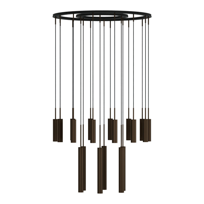 Modern black chandelier with sleek, elongated dark brown pendants, creating a stylish pattern.