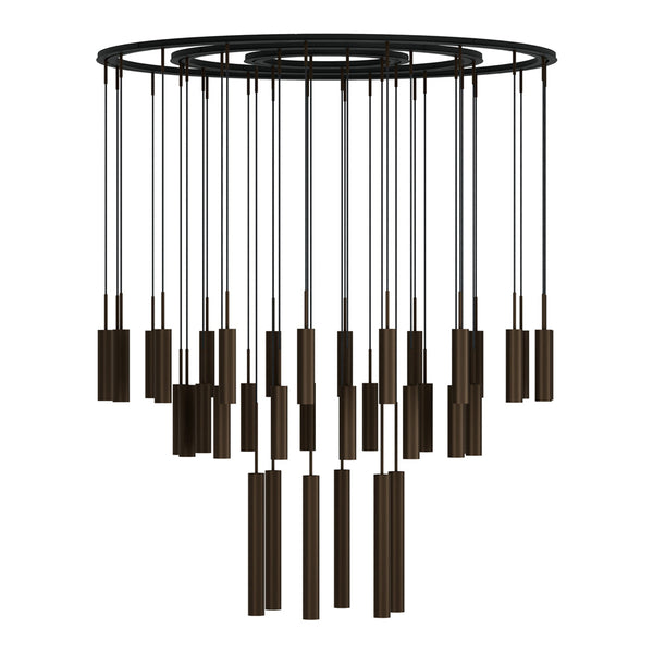 Chic black pendant chandelier with varying shades of dark bronze and sleek linear patterns cascading downwards.