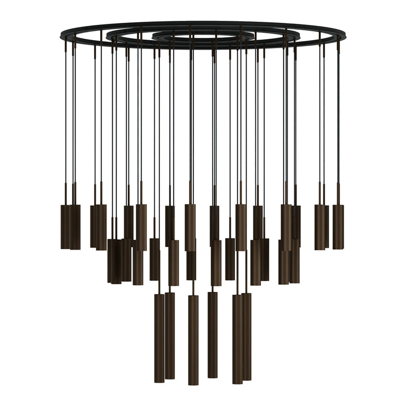 Chic black pendant chandelier with varying shades of dark bronze and sleek linear patterns cascading downwards.