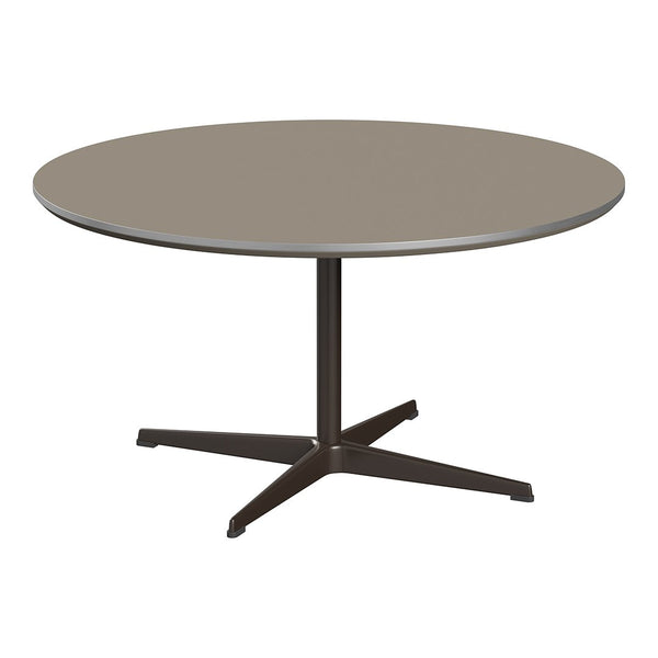 Round table with a smooth, neutral gray top and a sleek black base, perfect for modern decor.
