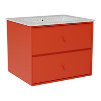Bright orange two-drawer cabinet with a textured speckled white countertop. Stylish and modern design.