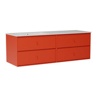 Modern orange dresser with a sleek white top and four spacious drawers. Vibrant color adds a bold touch to any room.