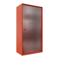 Vibrant orange storage cabinet with sleek, transparent vertical paneling. Modern and stylish design for any space.