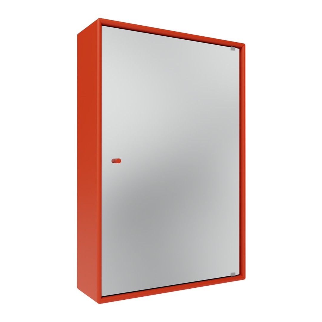 Bright red cabinet with a sleek silver mirror front and minimalistic design, perfect for modern interiors.