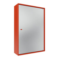 Bright red cabinet with a sleek silver mirror front and minimalistic design, perfect for modern interiors.