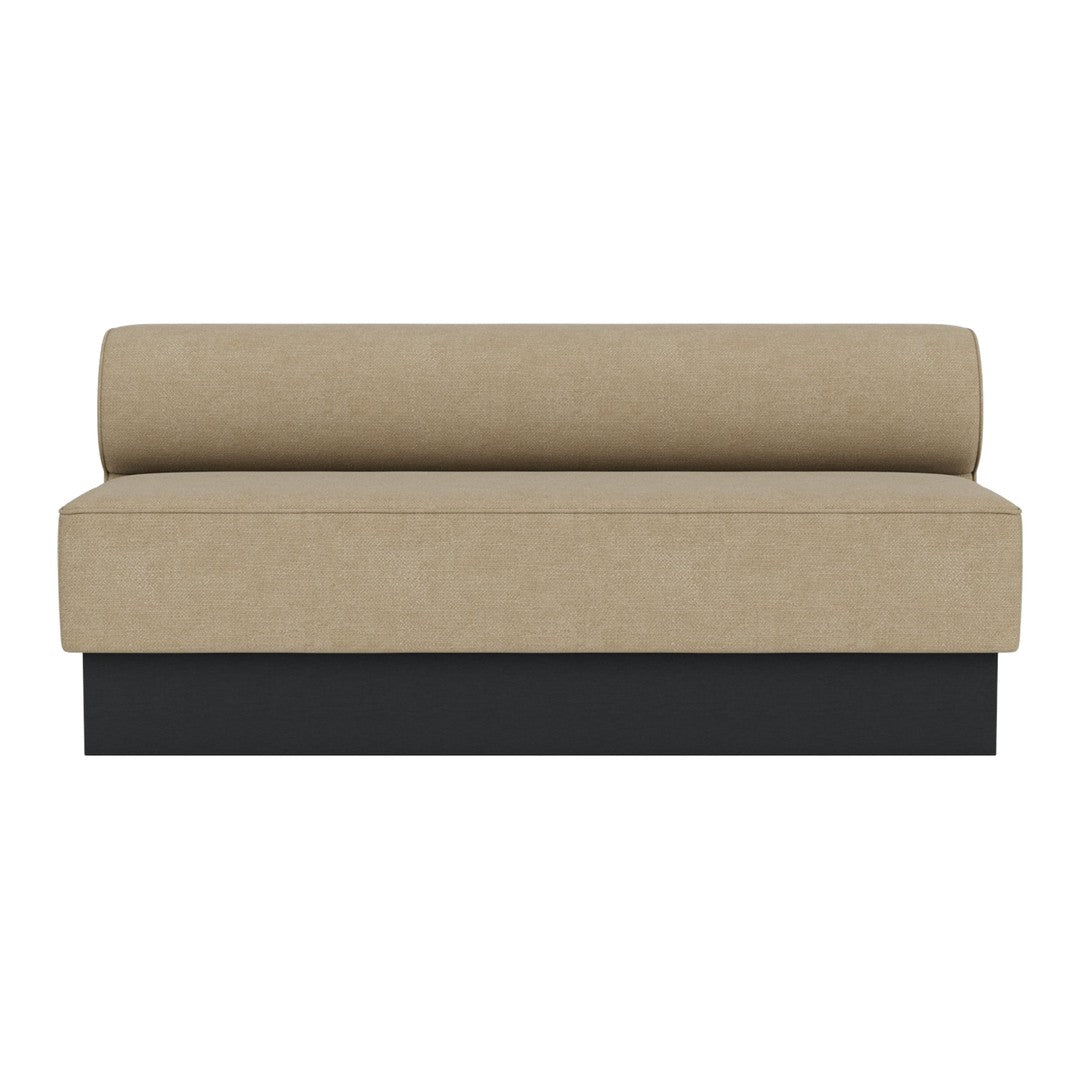 Sleek sofa in beige fabric with a minimalist black base and a smooth cylindrical back cushion.