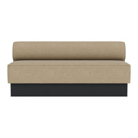 Sleek sofa in beige fabric with a minimalist black base and a smooth cylindrical back cushion.