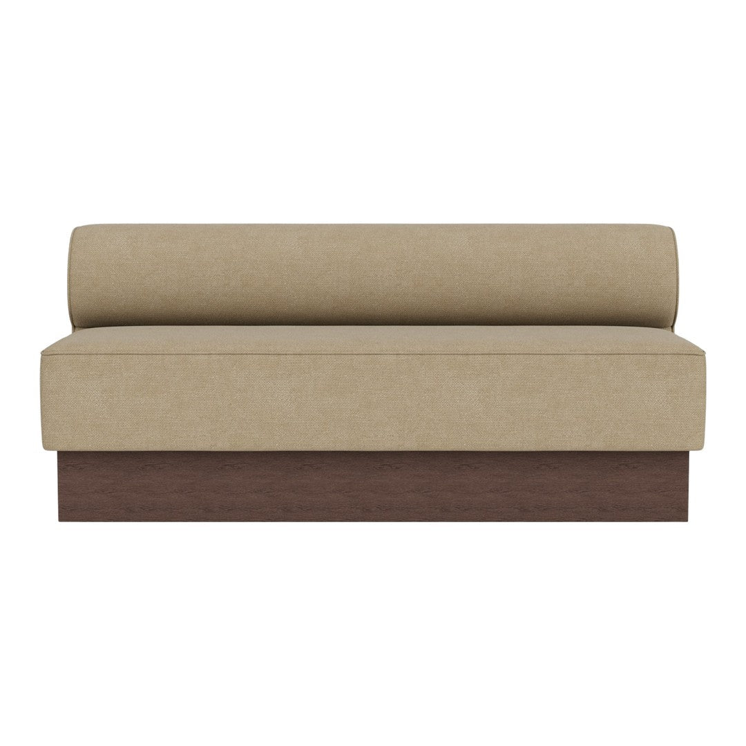 Beige upholstered sofa with a rounded backrest and a dark wood base, featuring a simple and modern design.
