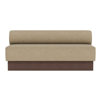 Beige upholstered sofa with a rounded backrest and a dark wood base, featuring a simple and modern design.