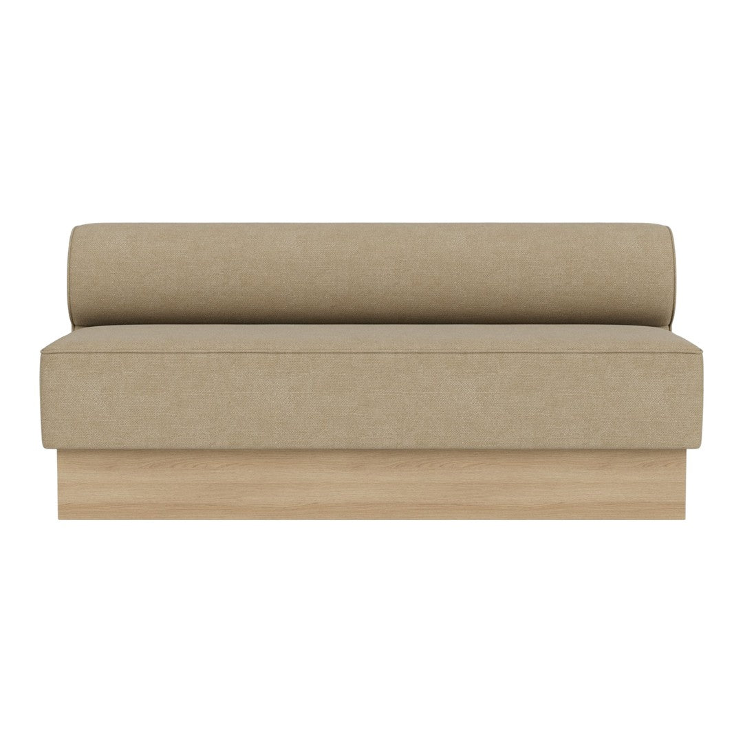 Beige sofa with a simple, solid design and a wooden base, perfect for modern decor.