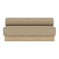 Beige sofa with a simple, solid design and a wooden base, perfect for modern decor.
