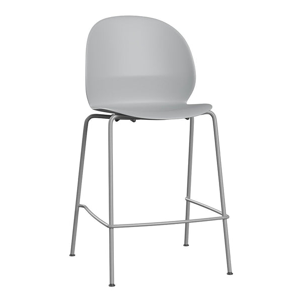 Gray bar stool with a sleek, smooth surface and minimalist design, featuring a silver metal frame. Perfect for modern spaces.