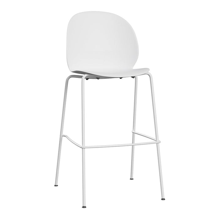 White bar stool with a smooth, minimalist design and sleek metal legs, perfect for modern decor.