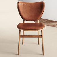 Brown leather chair with a smooth finish and natural wood legs, featuring a minimalist design and curved back.