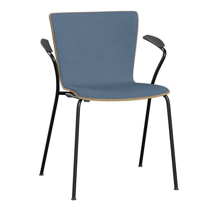 Blue upholstered chair with black metal legs and light wood accents. Simple, modern design suitable for any space.