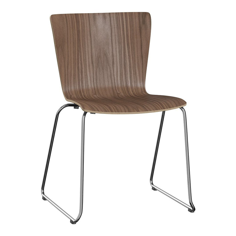 Wooden chair with a rich brown finish and subtle grain pattern, complemented by sleek chrome legs.