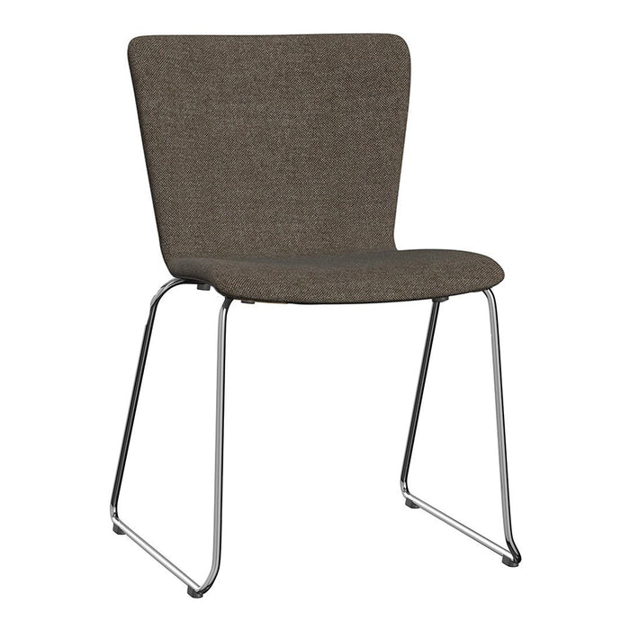 Brown upholstered chair with a smooth, textured fabric and sleek chrome legs. Modern design for any space.