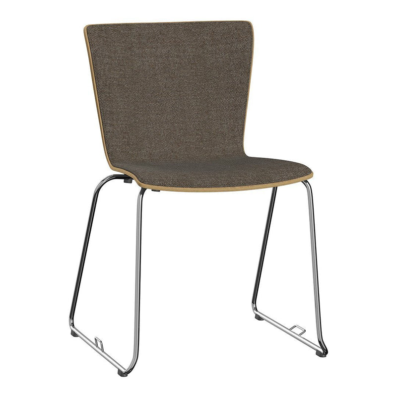 Gray upholstered chair with a sleek wooden frame, featuring a minimalistic design and modern chrome legs.