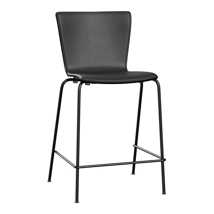 Black leather bar stool with a sleek, minimalistic design and a sturdy black metal frame. Perfect for modern interiors.