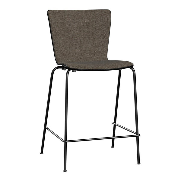 Brown upholstered bar stool with a sleek black metal frame, featuring a minimalist design and textured fabric.