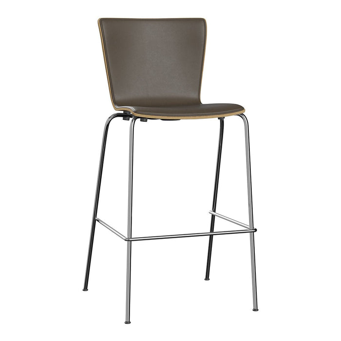 Modern brown bar stool with sleek black metal legs and a minimalist design. Ideal for contemporary spaces.