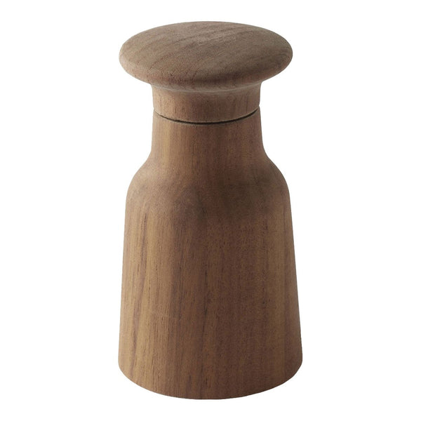 Wooden pepper mill in rich brown tones with a smooth, natural finish and rounded, minimalistic design.