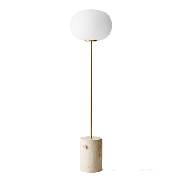 Modern floor lamp with a white globe shade, neutral stone base, and gold accents for a chic, minimalist aesthetic.