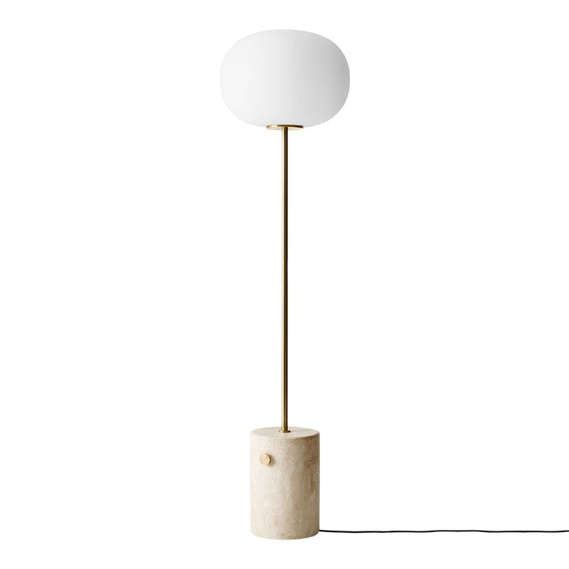 Modern floor lamp with a white globe shade, neutral stone base, and gold accents for a chic, minimalist aesthetic.