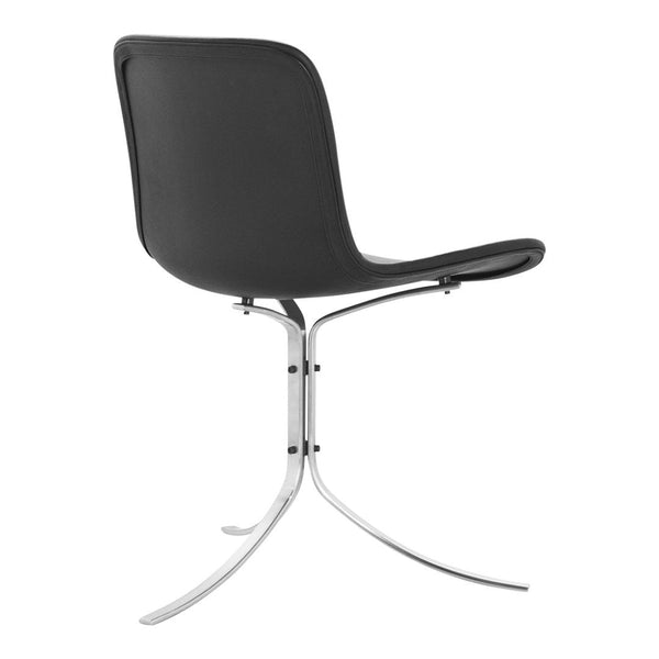 Sleek black chair with a smooth finish and minimalist chrome legs, ideal for modern decor.