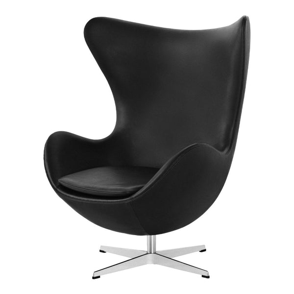 Black leather egg chair with smooth curves and a modern design, featuring a sleek silver base.