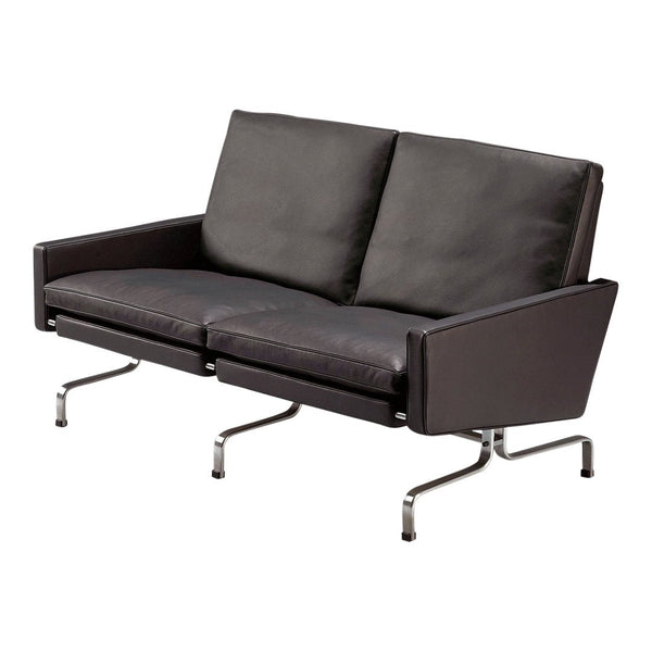 Modern black leather loveseat with smooth texture and chrome legs, perfect for contemporary living spaces.