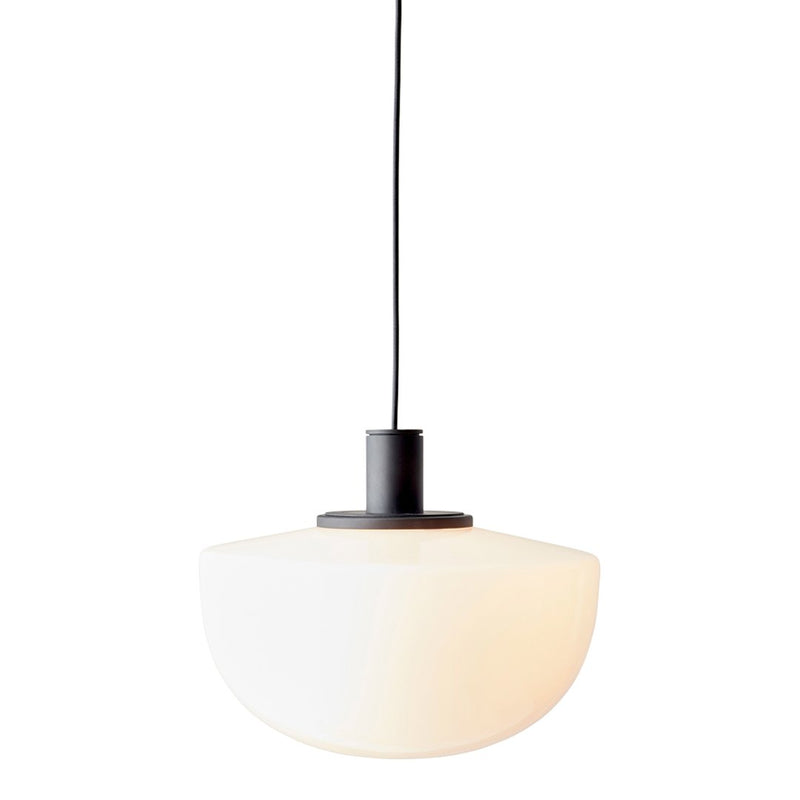 White glass pendant lamp with a smooth, round shape and black metal accents, suspended by a sleek black cord.