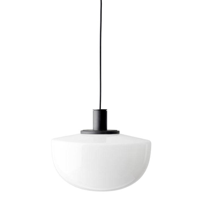 Modern white glass pendant lamp with a sleek black cord and minimalistic design, ideal for contemporary decor.
