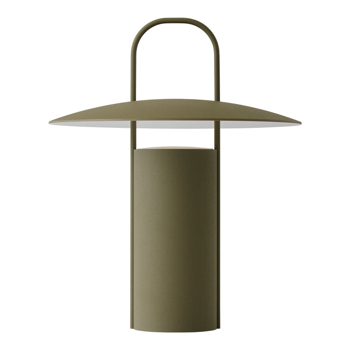 Olive green lamp with a cylindrical base and a wide, curved top shade, showcasing a modern minimalist design.