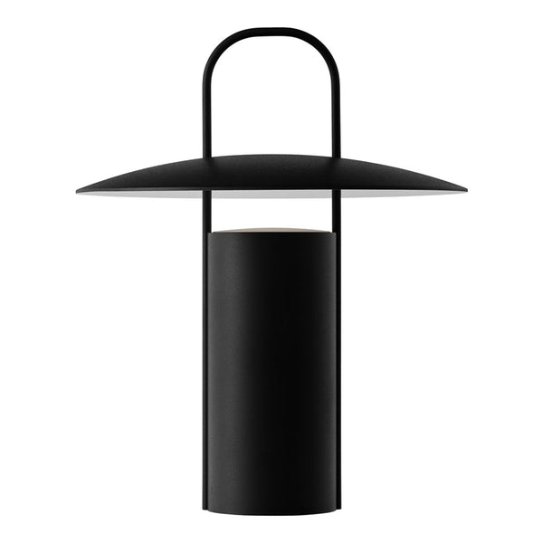 Sleek black outdoor lamp with minimalist design and smooth matte finish, featuring a white interior for soft illumination.