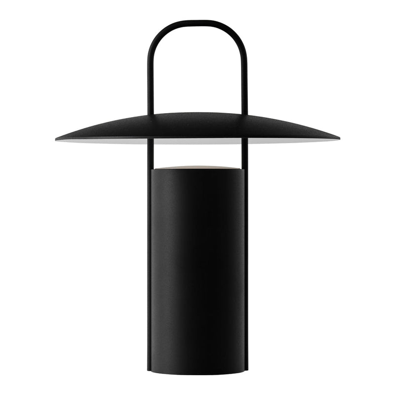 Sleek black outdoor lamp with minimalist design and smooth matte finish, featuring a white interior for soft illumination.