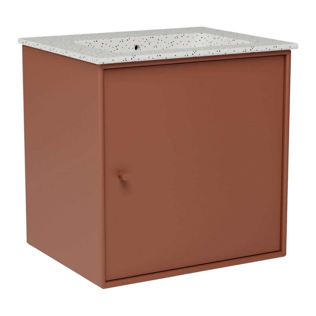 Modern rust-colored cabinet with a speckled white top, featuring a clean, minimalist design.