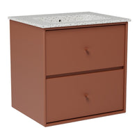 Modern brown cabinet with a speckled white top and two smooth drawers. Ideal for stylish storage solutions.