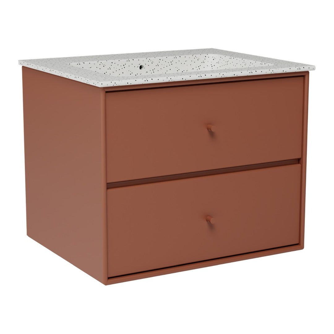 Brown two-drawer storage unit with a speckled white countertop. Ideal for modern decor.