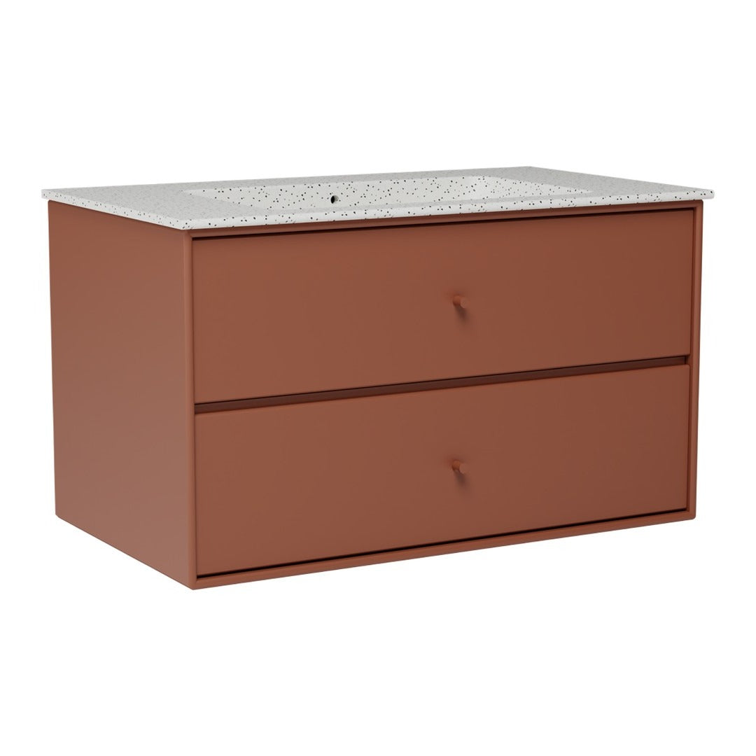 Brown modern vanity with a speckled white countertop, featuring two spacious drawers. Sleek and stylish design.